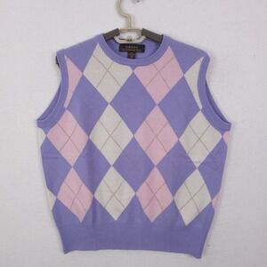 Ordos Argyle Sweater Vest Women XL Purple Pink  Pure Cashmere Sleeveless Knit